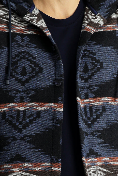 Orta Lacivert Kapüşonlu Uzun Kol Oversize Desenli Shacket Oduncu Pamuklu Gömlek / Mont