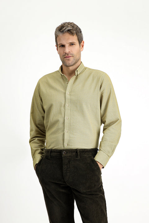 Açık Sarı Uzun Kol Regular Fit Desenli Spor Oduncu Pamuk Düğmeli Yaka Gömlek