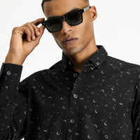 Siyah Uzun Kol Regular Fit Baskılı Spor Pamuk Düğmeli Yaka Gömlek