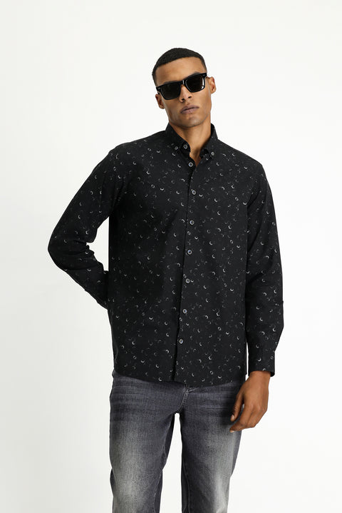 Siyah Uzun Kol Regular Fit Baskılı Spor Pamuk Düğmeli Yaka Gömlek