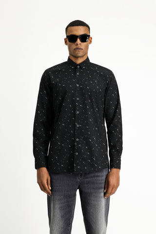  Siyah Uzun Kol Regular Fit Baskılı Spor Pamuk Düğmeli Yaka Gömlek