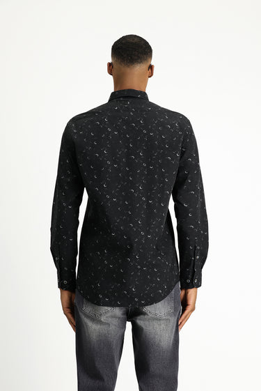 Siyah Uzun Kol Regular Fit Baskılı Spor Pamuk Düğmeli Yaka Gömlek