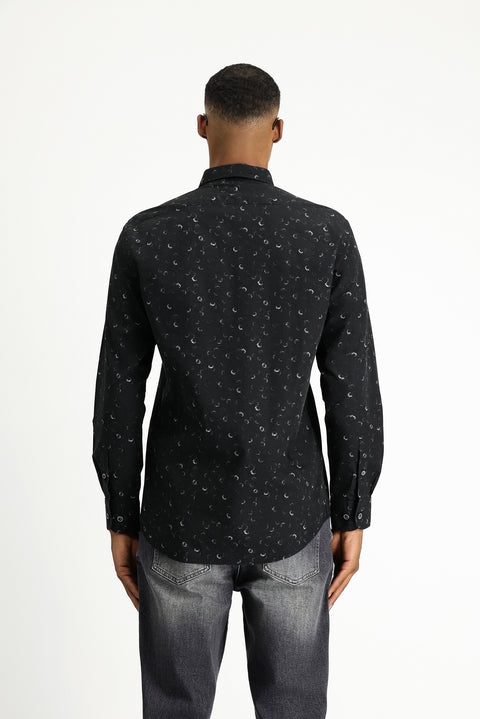 Siyah Uzun Kol Regular Fit Baskılı Spor Pamuk Düğmeli Yaka Gömlek