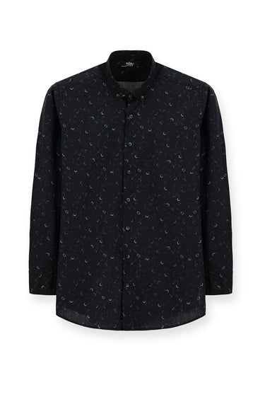 Siyah Uzun Kol Regular Fit Baskılı Spor Pamuk Düğmeli Yaka Gömlek