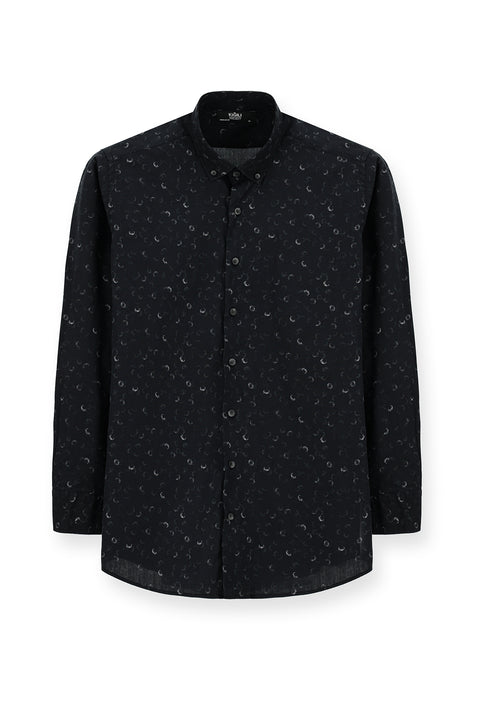 Siyah Uzun Kol Regular Fit Baskılı Spor Pamuk Düğmeli Yaka Gömlek