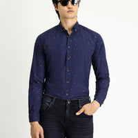 Orta Lacivert Uzun Kol Regular Fit Baskılı Spor Pamuk Düğmeli Yaka Gömlek