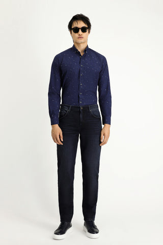  Orta Lacivert Uzun Kol Regular Fit Baskılı Spor Pamuk Düğmeli Yaka Gömlek