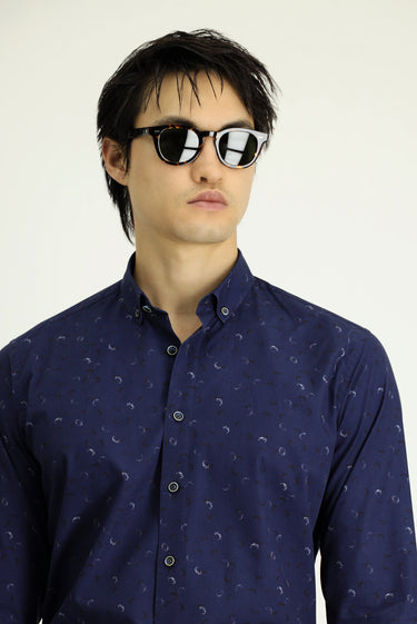  Orta Lacivert Uzun Kol Regular Fit Baskılı Spor Pamuk Düğmeli Yaka Gömlek