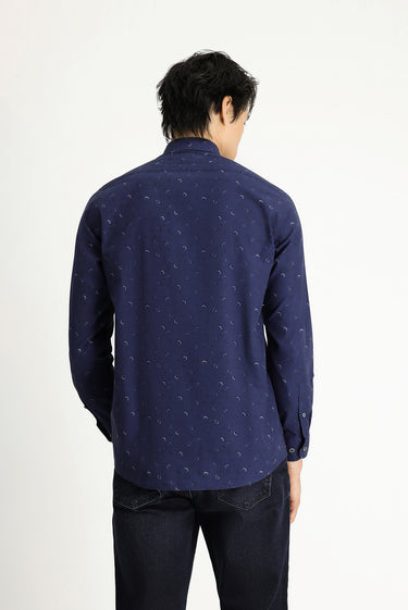 Orta Lacivert Uzun Kol Regular Fit Baskılı Spor Pamuk Düğmeli Yaka Gömlek
