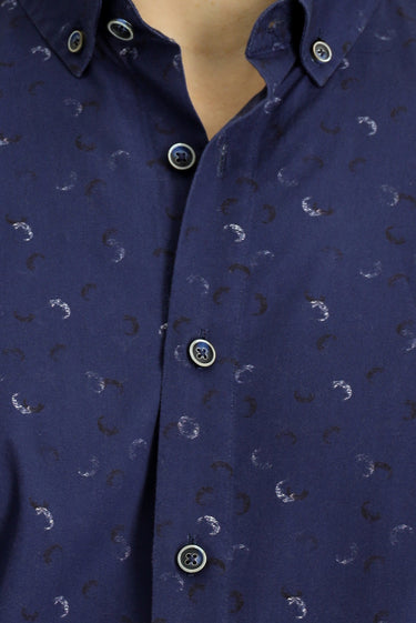 Orta Lacivert Uzun Kol Regular Fit Baskılı Spor Pamuk Düğmeli Yaka Gömlek