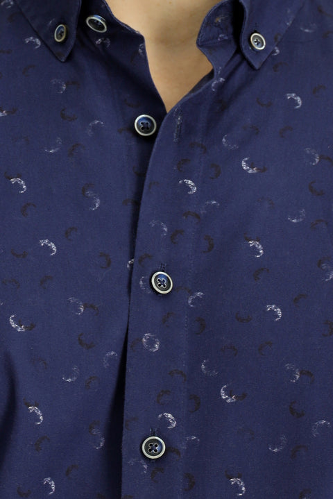 Orta Lacivert Uzun Kol Regular Fit Baskılı Spor Pamuk Düğmeli Yaka Gömlek