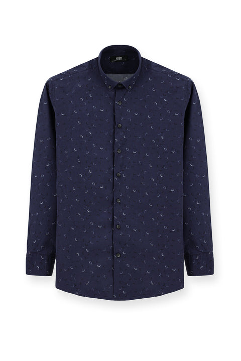 Orta Lacivert Uzun Kol Regular Fit Baskılı Spor Pamuk Düğmeli Yaka Gömlek