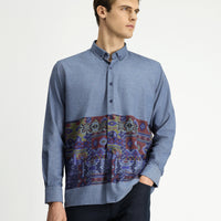 Gök Mavisi Uzun Kol Regular Fit Baskılı Spor Pamuklu Kolay Ütülenebilir Gömlek