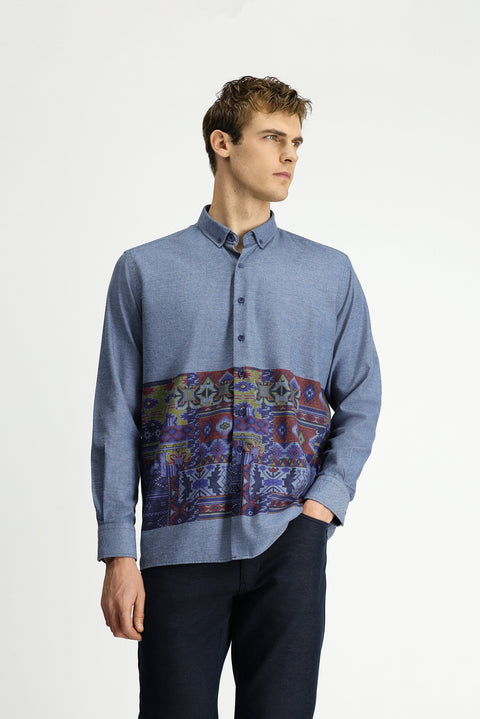 Gök Mavisi Uzun Kol Regular Fit Spor Pamuklu Düğmeli Yaka Kolay Ütülenebilir Baskılı Gömlek