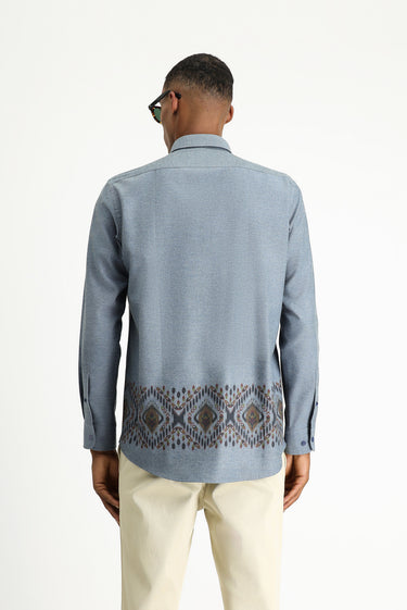 Gök Mavisi Uzun Kol Regular Fit Baskılı Spor Pamuklu Kolay Ütülenebilir Gömlek