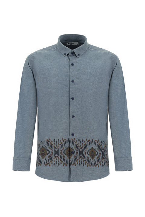 Gök Mavisi Uzun Kol Regular Fit Spor Pamuklu Düğmeli Yaka Kolay Ütülenebilir Baskılı Gömlek