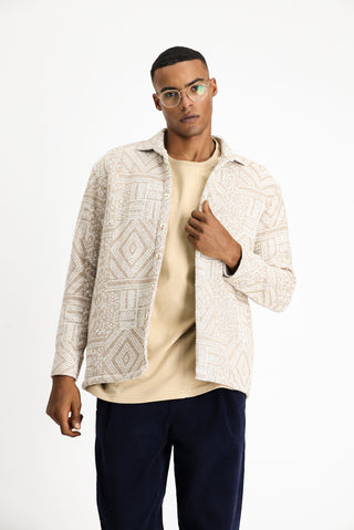  Açık Bej Uzun Kol Oversize Desenli Kürklü Pamuklu Gömlek / Mont