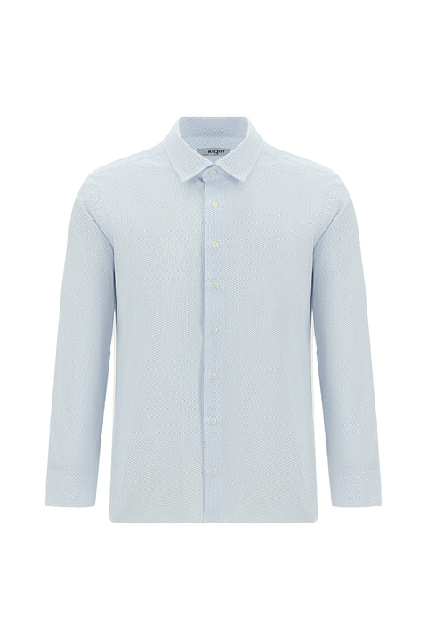 Açık Mavi Uzun Kol Slim Fit Dar Kesim Baskılı Pamuk Gömlek