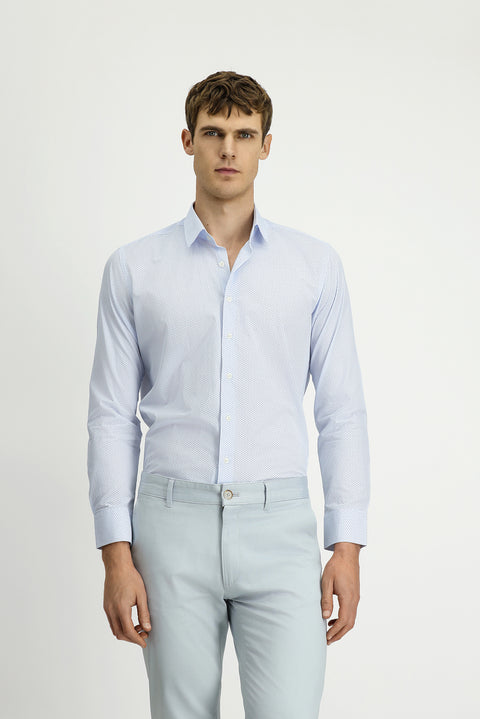 Açık Mavi Uzun Kol Slim Fit Dar Kesim Baskılı Pamuk Gömlek