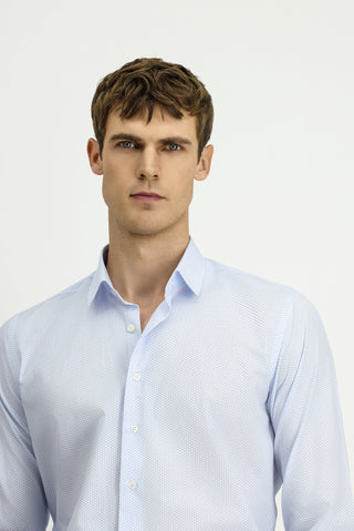  Açık Mavi Uzun Kol Slim Fit Dar Kesim Baskılı Pamuk Gömlek