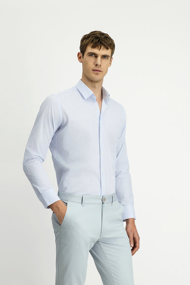 Açık Mavi Uzun Kol Slim Fit Dar Kesim Baskılı Pamuk Gömlek
