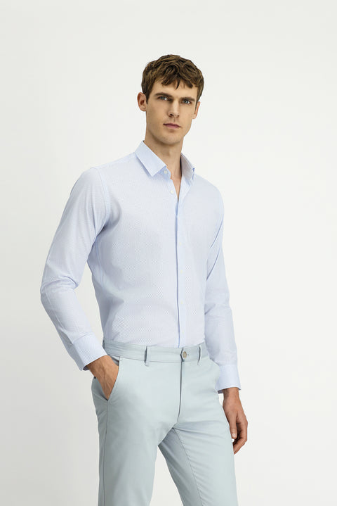 Açık Mavi Uzun Kol Slim Fit Dar Kesim Baskılı Pamuk Gömlek