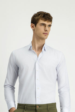  Uçuk Mavi Uzun Kol Slim Fit Dar Kesim Baskılı Pamuk Gömlek