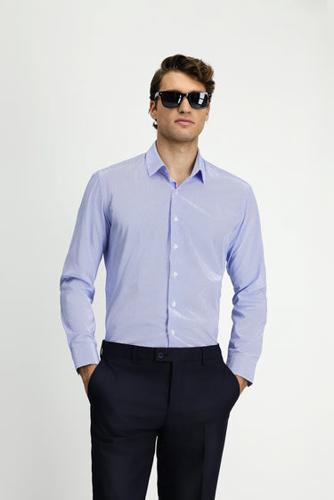  Mavi Uzun Kol Slim Fit Dar Kesim Baskılı Pamuk Gömlek