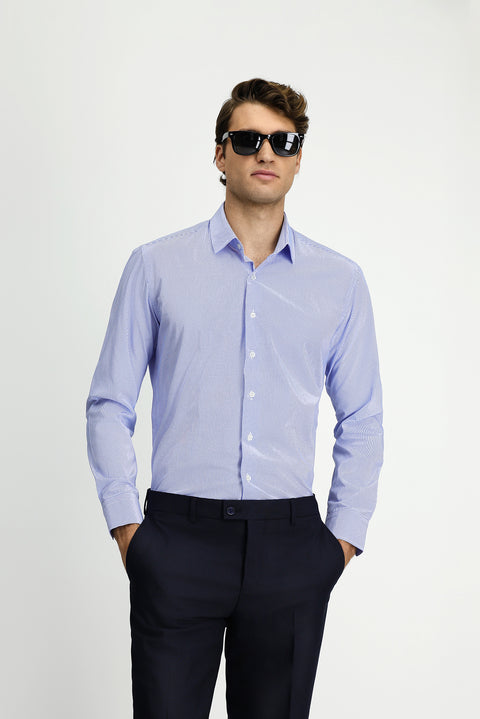 Mavi Uzun Kol Slim Fit Dar Kesim Baskılı Pamuk Gömlek