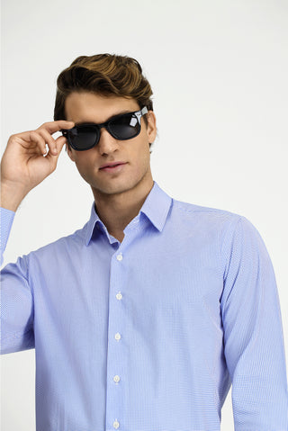  Mavi Uzun Kol Slim Fit Dar Kesim Baskılı Pamuk Gömlek