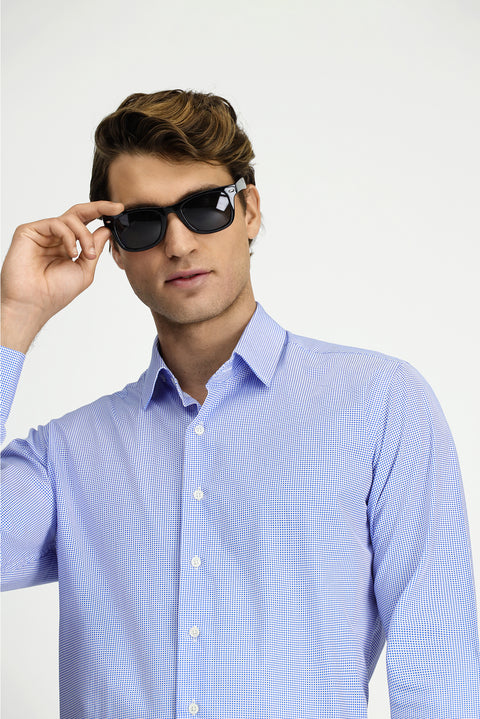 Mavi Uzun Kol Slim Fit Dar Kesim Baskılı Pamuk Gömlek