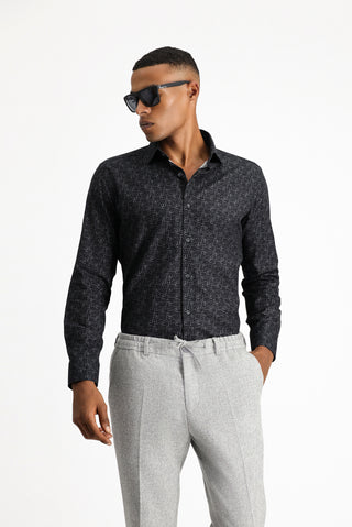  Siyah Uzun Kol Slim Fit Dar Kesim Baskılı Spor Pamuk Gömlek