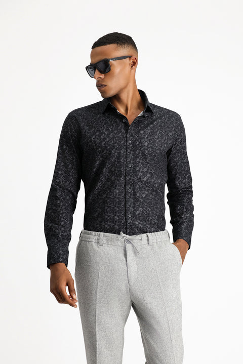 Black Long Sleeve Slim Fit Printed Sport Cotton Shirt
