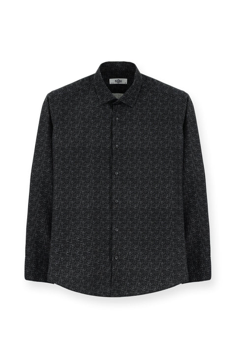 Black Long Sleeve Slim Fit Printed Sport Cotton Shirt