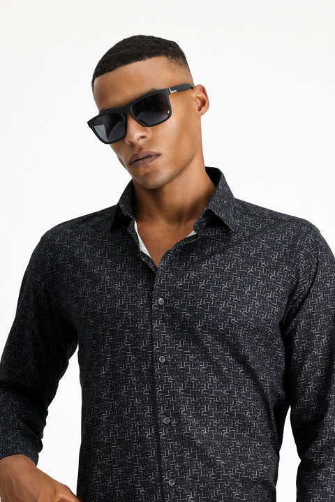 Black Long Sleeve Slim Fit Printed Sport Cotton Shirt