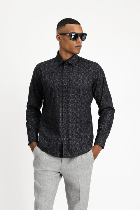 Black Long Sleeve Slim Fit Printed Sport Cotton Shirt
