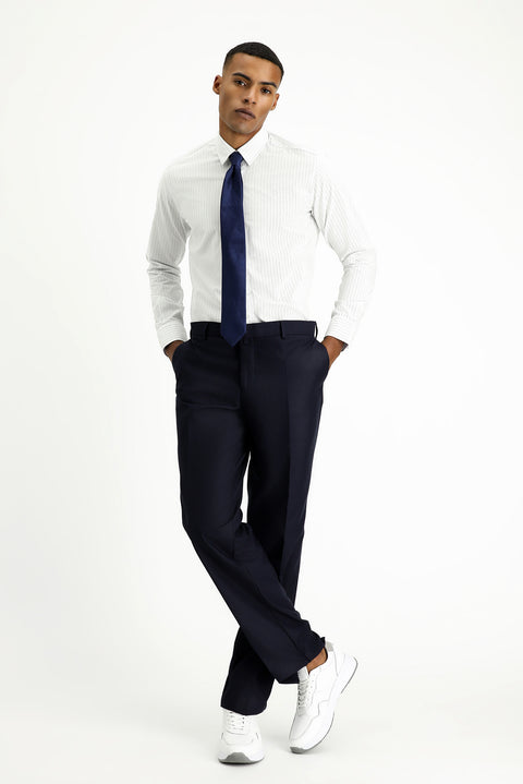 Açık Lacivert Uzun Kol Slim Fit Dar Kesim Klasik Çizgili Pamuk Gömlek