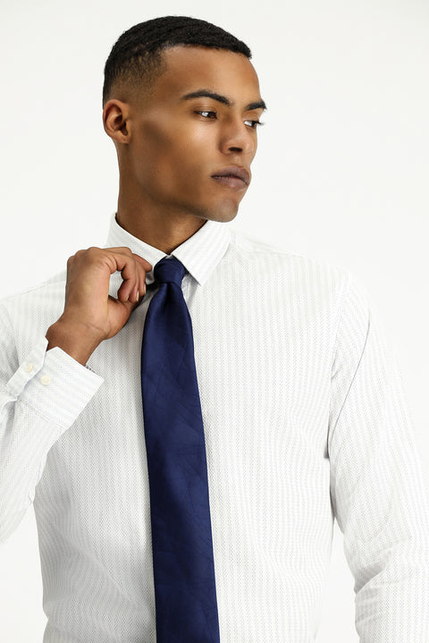 Açık Lacivert Uzun Kol Slim Fit Dar Kesim Klasik Çizgili Pamuk Gömlek