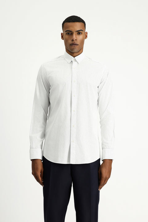 Açık Lacivert Uzun Kol Slim Fit Dar Kesim Klasik Çizgili Pamuk Gömlek