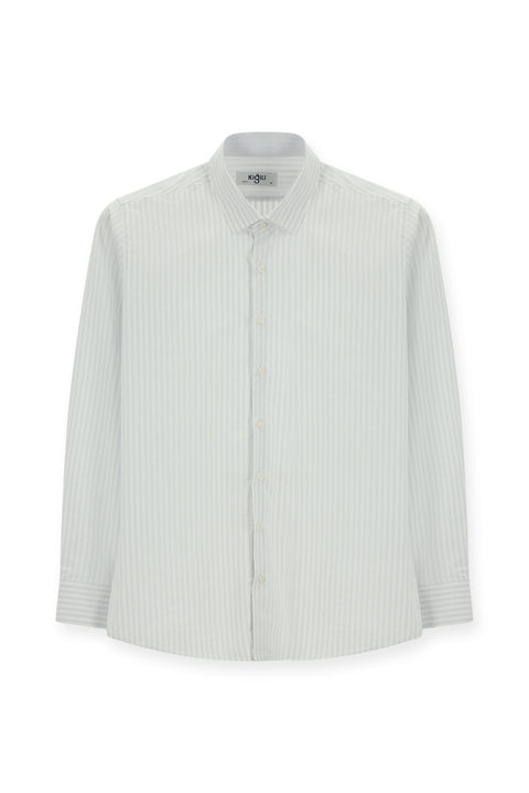 Açık Lacivert Uzun Kol Slim Fit Dar Kesim Klasik Çizgili Pamuk Gömlek