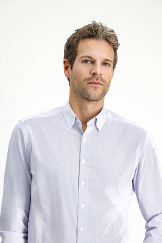  Açık Lacivert Uzun Kol Slim Fit Dar Kesim Pamuk Çizgili Klasik Gömlek