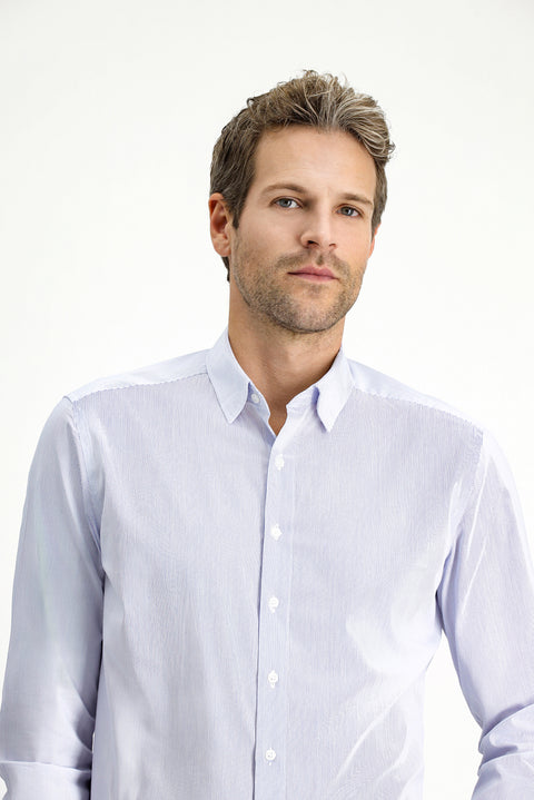 Açık Lacivert Uzun Kol Slim Fit Dar Kesim Pamuk Çizgili Klasik Gömlek