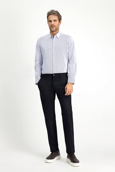 Açık Lacivert Uzun Kol Slim Fit Dar Kesim Pamuk Çizgili Klasik Gömlek