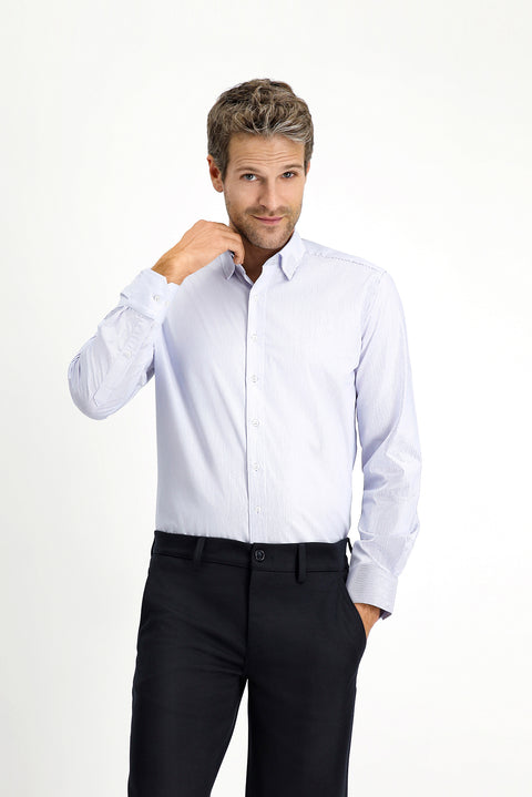 Açık Lacivert Uzun Kol Slim Fit Dar Kesim Pamuk Çizgili Klasik Gömlek