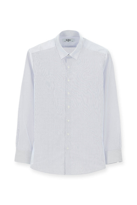 Açık Lacivert Uzun Kol Slim Fit Dar Kesim Pamuk Çizgili Klasik Gömlek