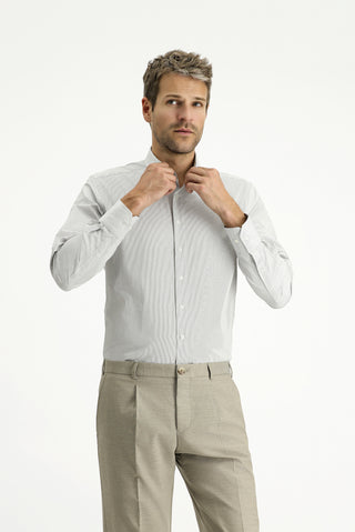  Koyu Lacivert Uzun Kol Slim Fit Dar Kesim Pamuk Çizgili Klasik Gömlek