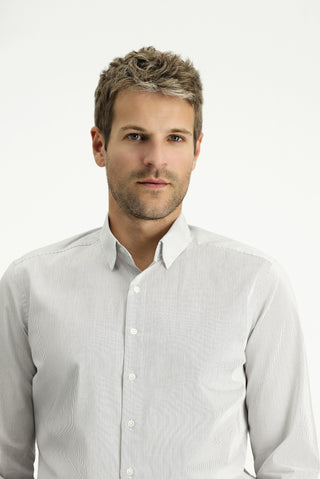  Koyu Lacivert Uzun Kol Slim Fit Dar Kesim Pamuk Çizgili Klasik Gömlek