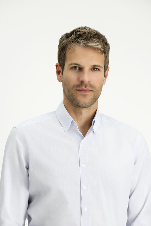 Mavi Uzun Kol Slim Fit Dar Kesim Pamuk Çizgili Klasik Gömlek