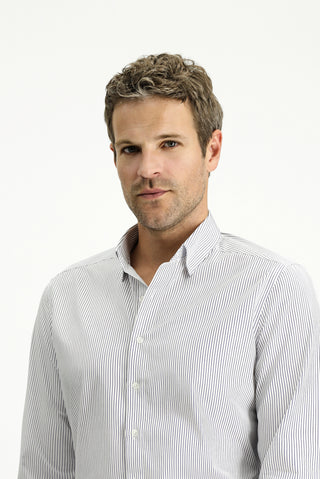  Koyu Lacivert Uzun Kol Slim Fit Dar Kesim Klasik Çizgili Pamuk Gömlek-Ki??l?