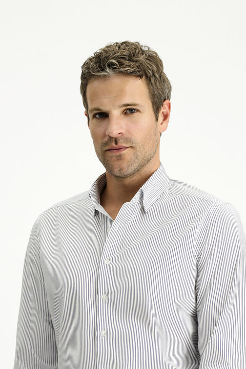 Koyu Lacivert Uzun Kol Slim Fit Dar Kesim Klasik Çizgili Pamuk Gömlek